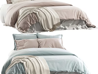 Cozy Double Bed with Soft Linens Plush Pillows and Light Pink Blue Bedding 3d model