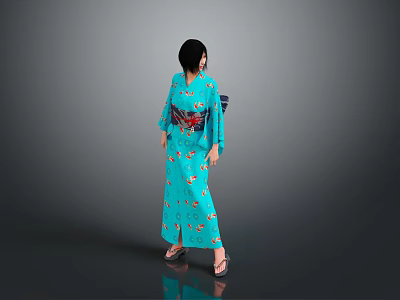 Woman In Blue Kimono With Floral Patterns Red Obi Short Black Hair High Heels 3d model