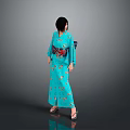 Woman In Blue Kimono With Floral Patterns Red Obi Short Black Hair High Heels