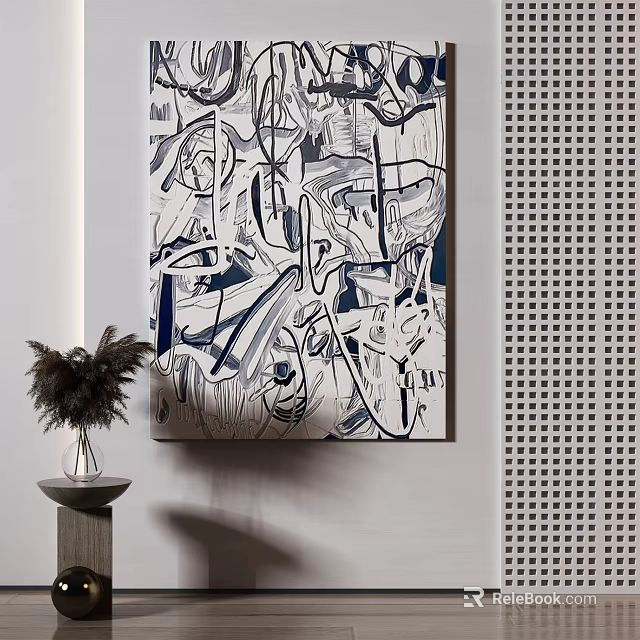 Modern Abstract Painting Wall Decor With Vase And Perforated Panel Design 3d model
