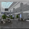 Modern Lobby Reception Desk Interior With Green Plants Tables Chairs And Skylight