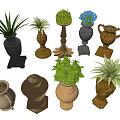 Decorative Garden Flower Pots In Stone Gold Woven Materials With Green Plants And Blue Flowers