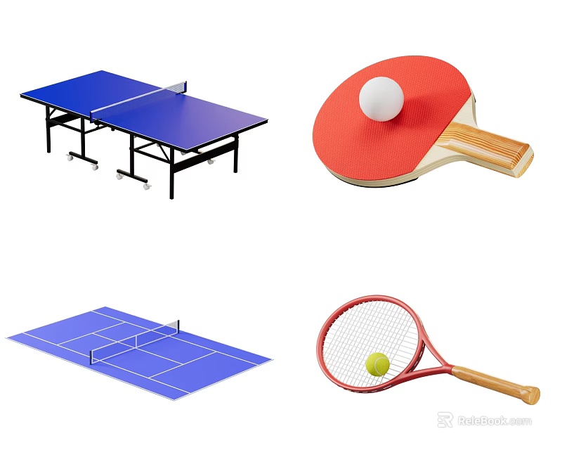 Essential Sports Equipment Including Ping Pong Table Paddle Tennis Court Racket And Balls 3d model 
