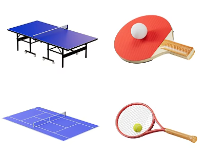 Essential Sports Equipment Including Ping Pong Table Paddle Tennis Court Racket And Balls 3d model