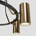 Modern Brass Chandelier With Circular Frame And Cylindrical Shades Black Hanging Cables For Contemporary Interior
