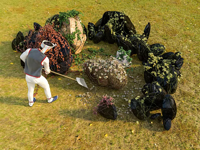 Man Working On Grassland With Shovel Black Bags Plants Vines And Stones 3d model
