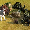 Man Working On Grassland With Shovel Black Bags Plants Vines And Stones