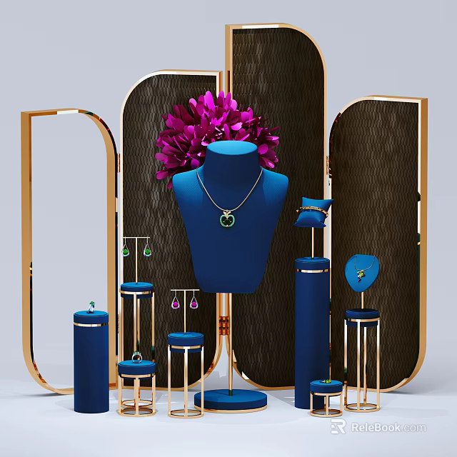 Elegant Jewelry Display with Blue Stands Gold Frames and Purple Flower Accents 3d model 