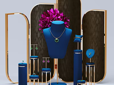 Elegant Jewelry Display with Blue Stands Gold Frames and Purple Flower Accents 3d model