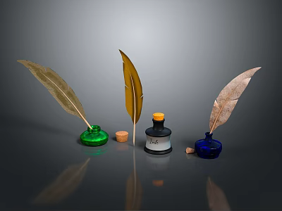 Feather Quills And Ink Bottles Display With Colorful Designs And Reflective Surface 3d model