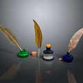 Feather Quills And Ink Bottles Display With Colorful Designs And Reflective Surface