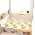 Wooden Double Bed Frame by Window with Blinds Green Plants Outside and White Cabinets