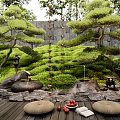 Serene Courtyard Garden With Lush Greenery Pine Trees Rocks Stone Lanterns And Wooden Flooring