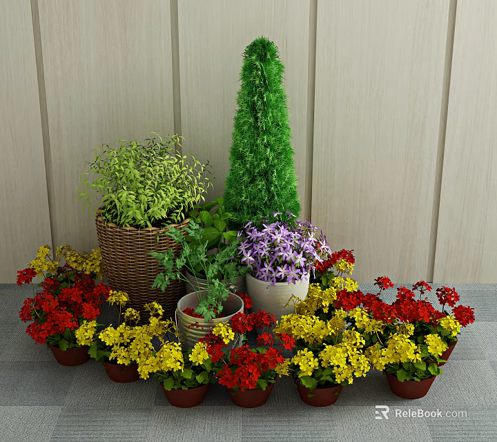 Bonsai Potted Plants with Purple Red Yellow Flowers in Wicker Basket and Clay Pots 3d model 