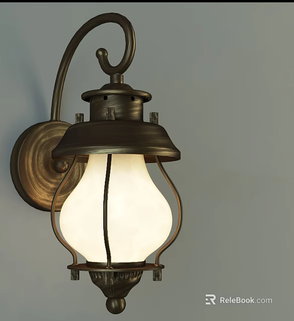 Vintage Bronze Metal Wall Sconce With Curved Arm White Glass Shade And Classic Design 3d model 