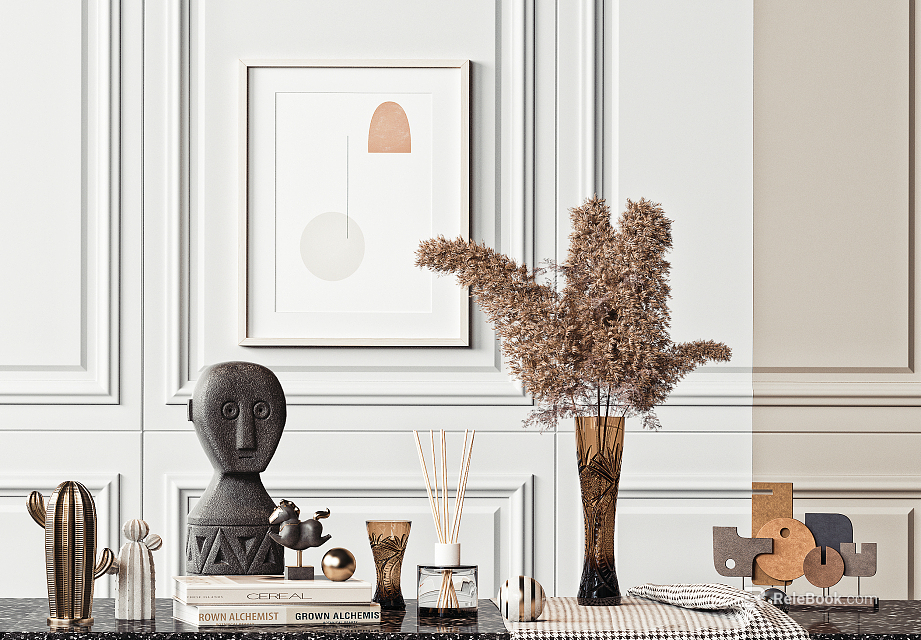 Modern Minimalist Decorative Ornament Set With Framed Artwork And Dried Flowers In Vase 3d model 