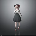 Little Girl Wearing White Long Sleeve Top Gray Pinafore Dress And Red Flower Hat