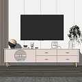 Modern White TV Stand With Drawers Circular Panel And Potted Plant Decor
