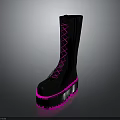 Black Platform Boots With Pink Neon Laces And Glowing Thick Soles For Edgy Fashion