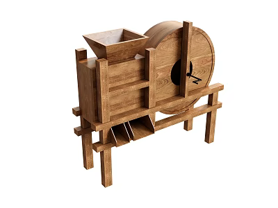 Traditional Handcrafted Wooden Grain Mill with Funnel Hopper and Roller Design 3d model