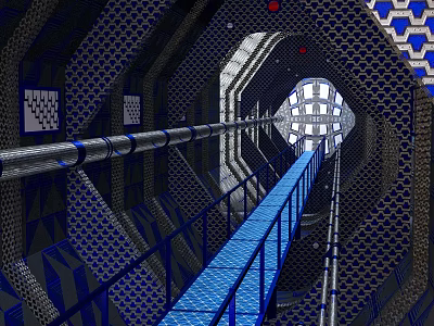 Modern Elevator Aisle With Blue Railings Metal Pipes And Geometric Patterned Walls 3d model