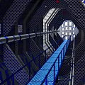 Modern Elevator Aisle With Blue Railings Metal Pipes And Geometric Patterned Walls
