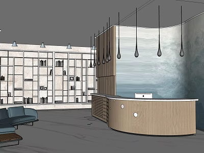 Modern Hotel Lobby With Wooden Reception Desk Sofa Seating Hanging Pendant Lights And Stylish Wall Design 3d model