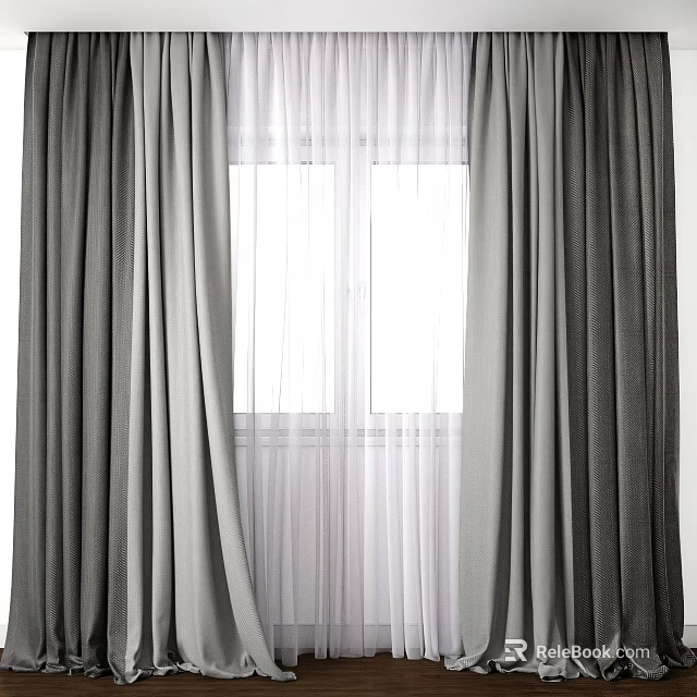 Gray Thick Curtains With White Sheer Panels For Modern Window Decoration 3d model 