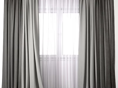 Gray Thick Curtains With White Sheer Panels For Modern Window Decoration 3d model
