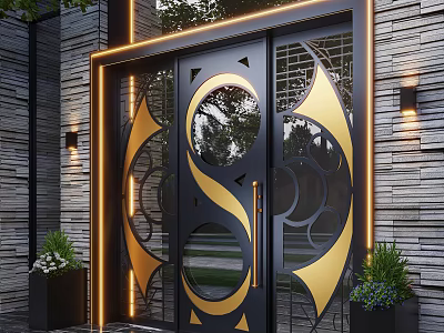 Commercial Street Entrance With Black And Gold Ornate Gate Stone Wall Plants 3d model