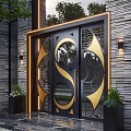 Commercial Street Entrance With Black And Gold Ornate Gate Stone Wall Plants