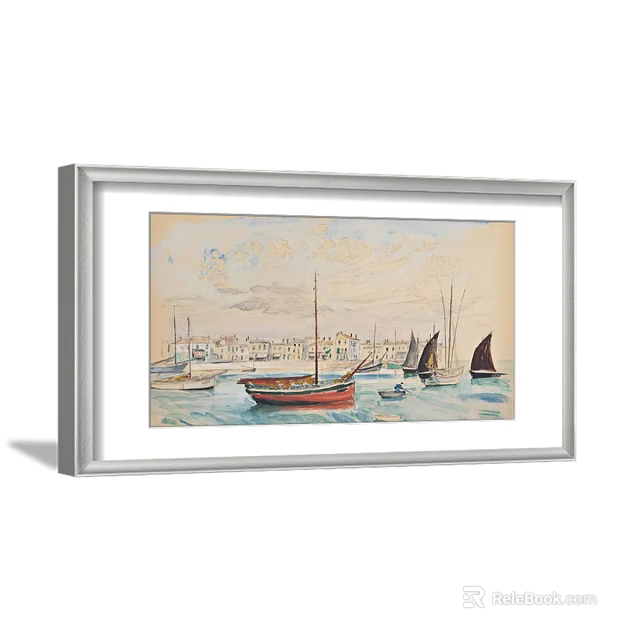 Scenic Landscape Painting With Sailboats On Calm Water And Coastal Buildings 3d model 