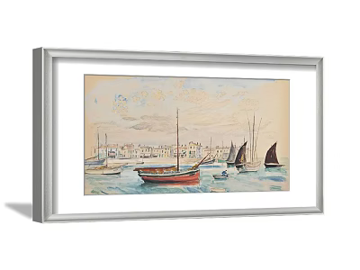 Scenic Landscape Painting With Sailboats On Calm Water And Coastal Buildings 3d model