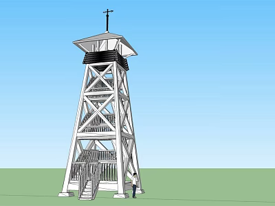 White Tower Featuring Crossed Frame Structure Top Cross Staircase Against Blue Sky with Person 3d model