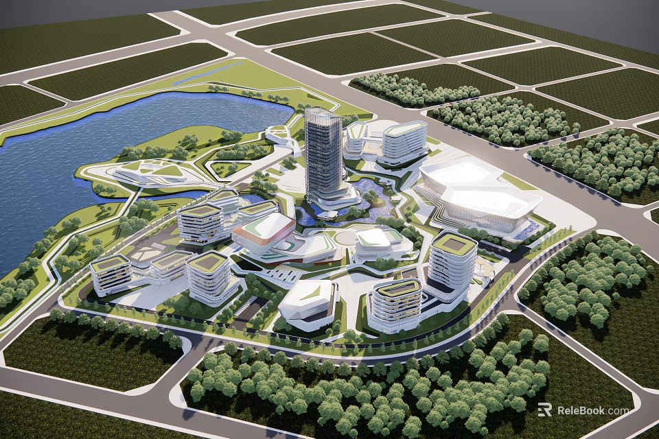 Integrated Modern Urban Development With Lakeside Green Spaces Buildings And Road Network 3d model 