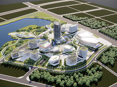 Integrated Modern Urban Development With Lakeside Green Spaces Buildings And Road Network 3d model