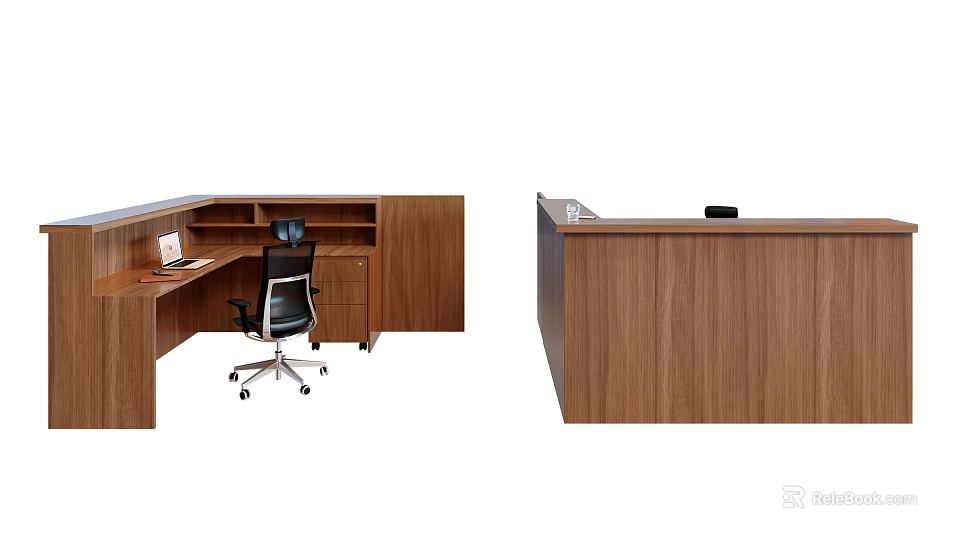 Modern Wooden Reception Desk With Office Chair Laptop And Storage Cabinets 3d model 