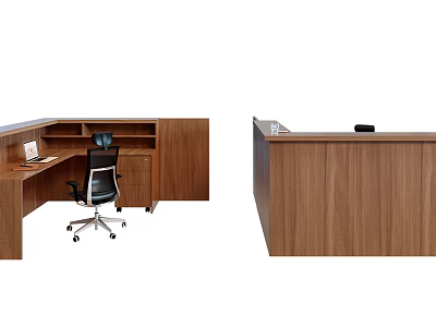 Modern Wooden Reception Desk With Office Chair Laptop And Storage Cabinets 3d model