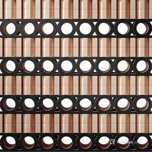 Modern Wall Decor With Black Circular Rings And Brown Rectangular Blocks Arranged In Rows 3d model 