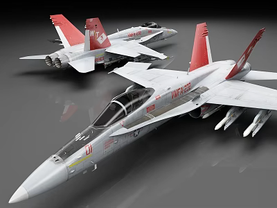 Two Aerodynamic White Fighter Jets With Red Tails And Weapon Mounts 3d model