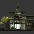 Cartoon Style House with Green Spire Tower Striped Awning Porch and Small Shop Decorations