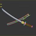 Traditional Japanese Katana Weapon With Green Scabbard Red Hilt And Silver Blade
