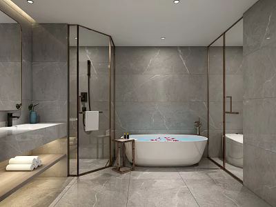 Modern Luxury Bathroom With Grey Marble Tiles Freestanding Tub And Framed Glass Shower Enclosures 3d model
