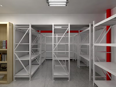 Modern Storage Room With White Metal Shelves Red Pillars And Wooden Bookcase 3d model