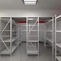 Modern Storage Room With White Metal Shelves Red Pillars And Wooden Bookcase