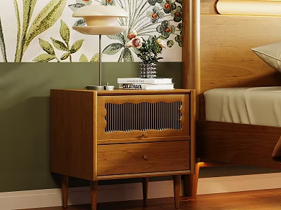 Modern Wooden Bedside Cabinet With Drawer Table Lamp Books And Floral Wall Art Beside Bed 3d model