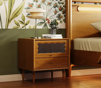 Modern Wooden Bedside Cabinet With Drawer Table Lamp Books And Floral Wall Art Beside Bed 3d model
