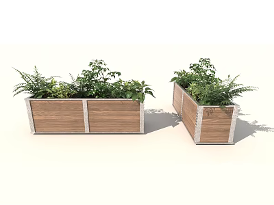 Decorative Wooden Planter Boxes With Lush Green Plants For Garden Decoration 3d model