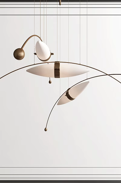 Modern Chandelier With Curved Metal Structure And Stylish Pendant Shades Design 3d model