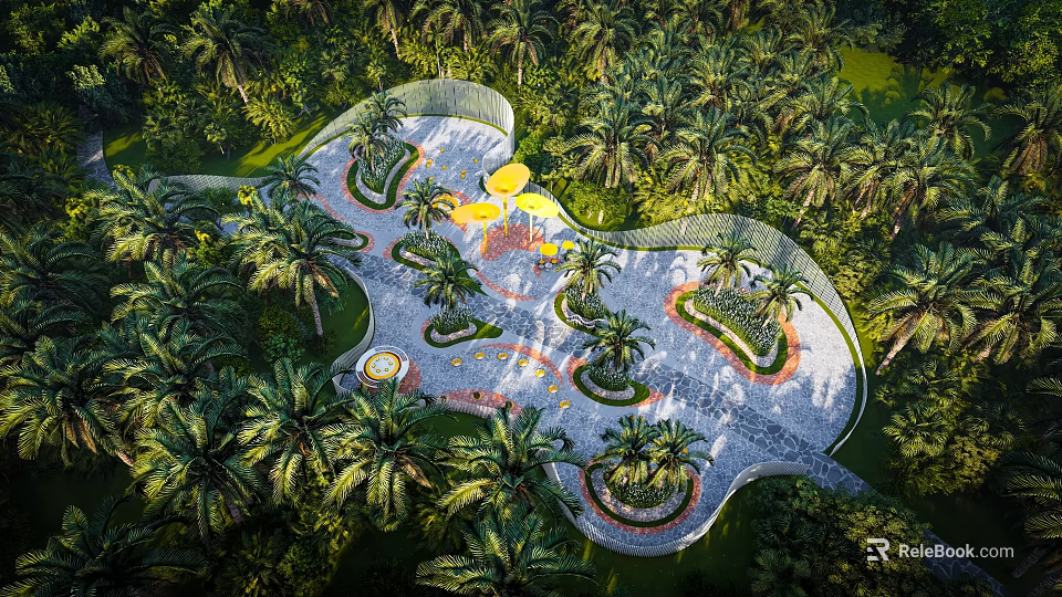 Tropical Park Landscape With Winding Pathways Circular Beds Palm Trees Yellow Accents And Lush Greenery 3d model 